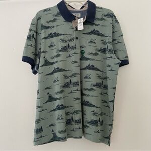 NEW LL Bean Polo Shirt Casco Bay Men L Green AOP Preppy Outdoor Coastal Nautical